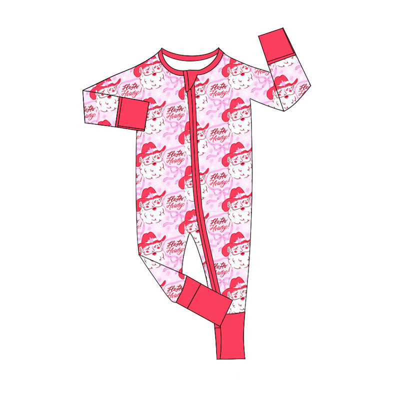 (Pre-order)LR2243 Howdy Santa Pink Print Baby Girls Christmas Zipper Sleeper Romper