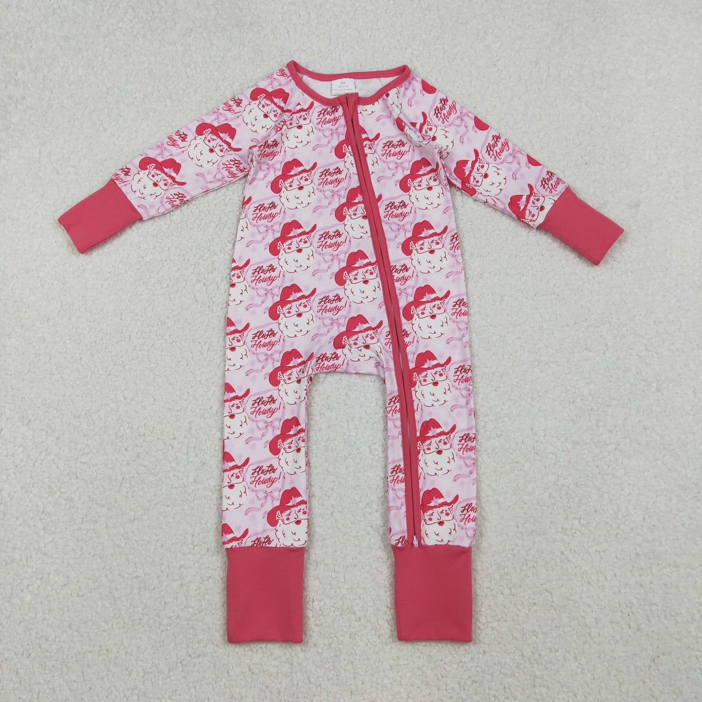 LR2243 Howdy Santa Pink Print Baby Girls Christmas Zipper Sleeper Romper