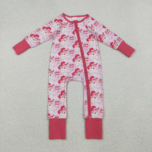 LR2243 Howdy Santa Pink Print Baby Girls Christmas Zipper Sleeper Romper