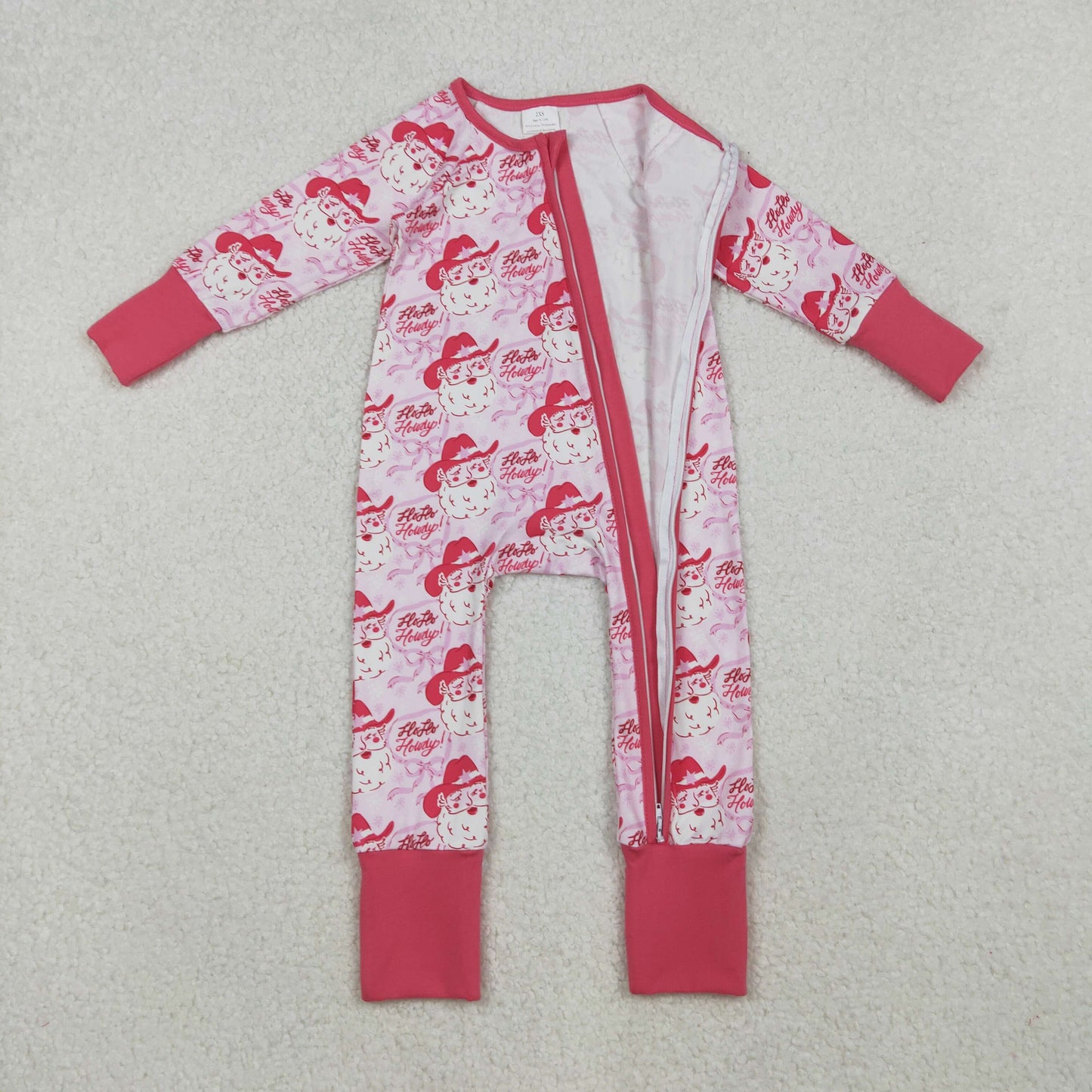 LR2243 Howdy Santa Pink Print Baby Girls Christmas Zipper Sleeper Romper