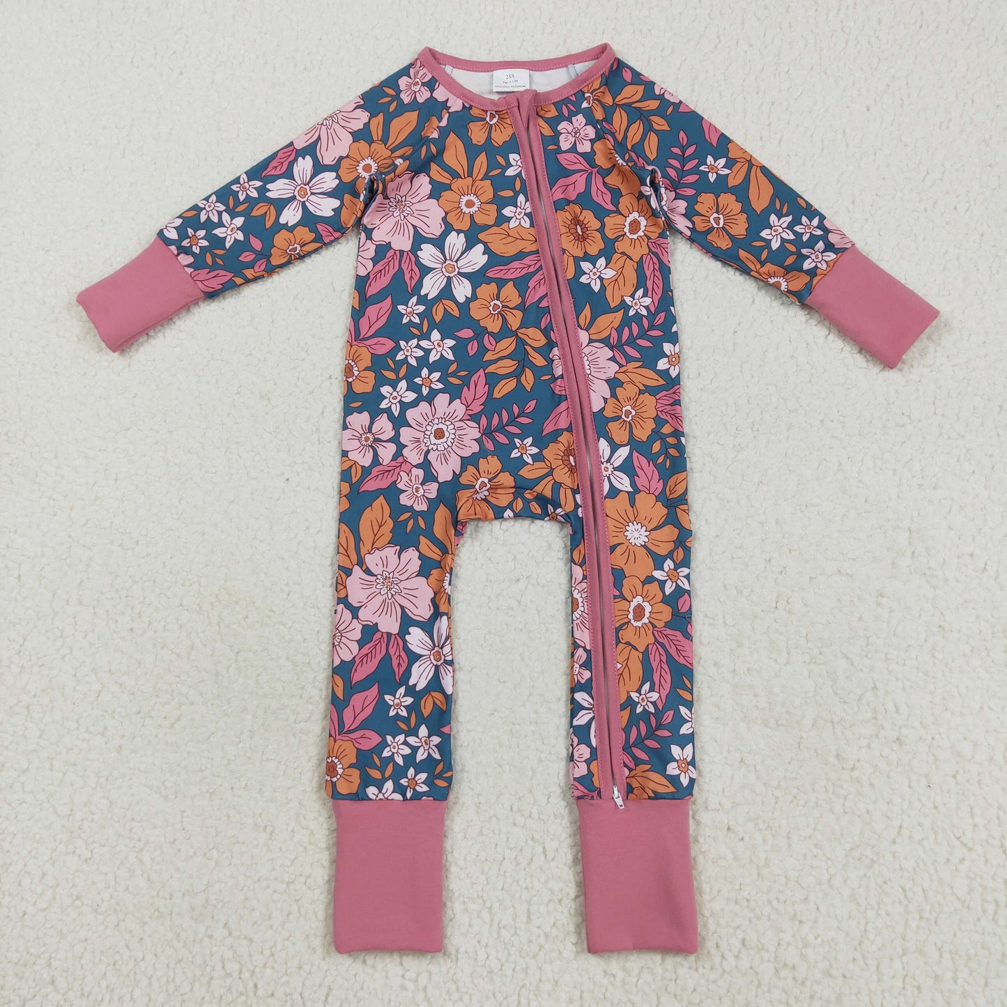 LR2244 Flowers Print Baby Girls Fall Zipper Sleeper Romper
