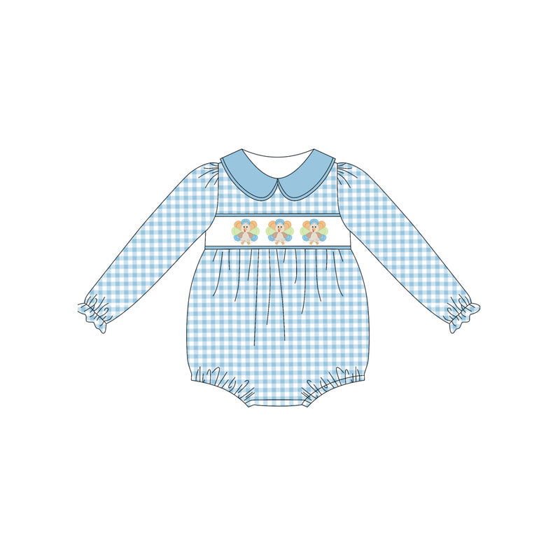 (Pre-order)LR2245 Turkey Blue Plaid Print Baby Girls Thanksgiving Romper