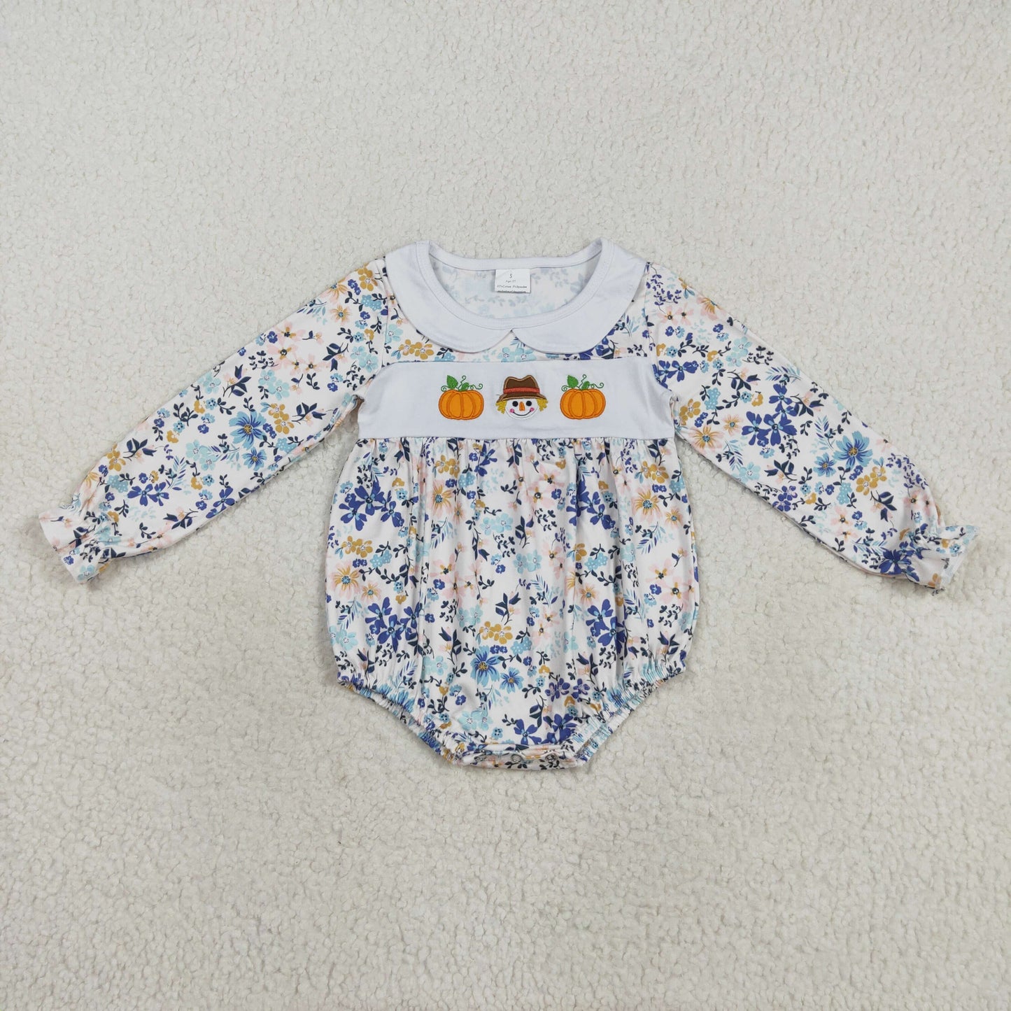 LR2246 Pumpkin Embroidery Flowers Print Baby Girls Fall Romper