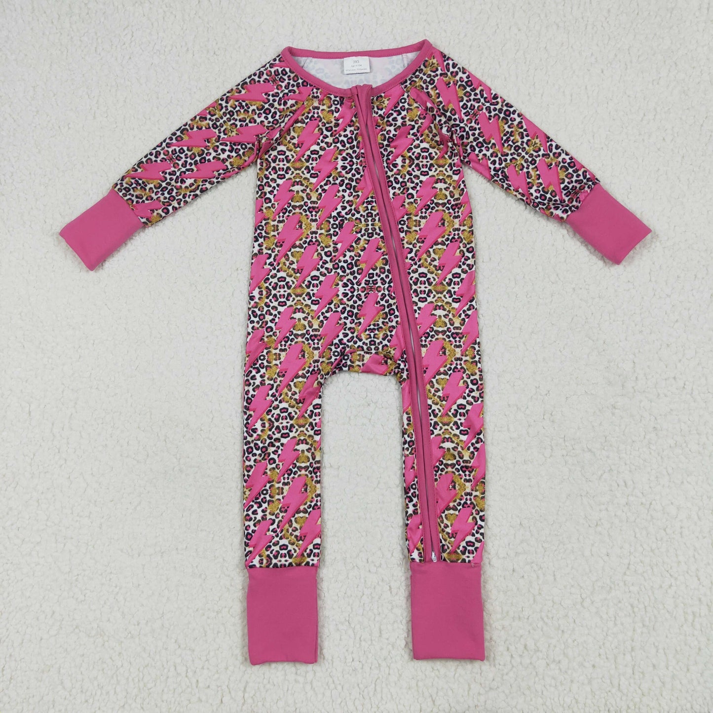 LR2250 Flash Leopard Pink Print Baby Girls Fall Zipper Sleeper Romper