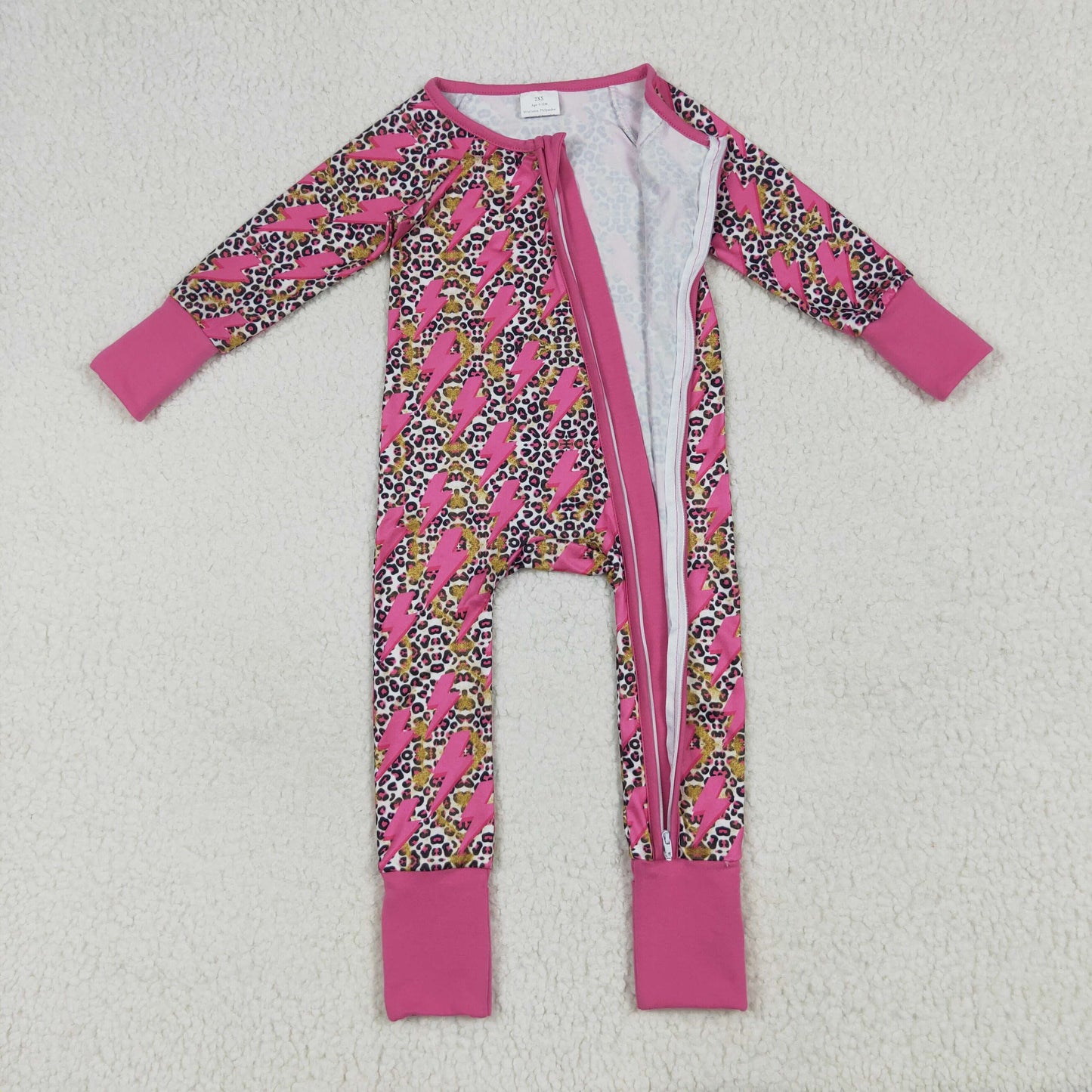 LR2250 Flash Leopard Pink Print Baby Girls Fall Zipper Sleeper Romper