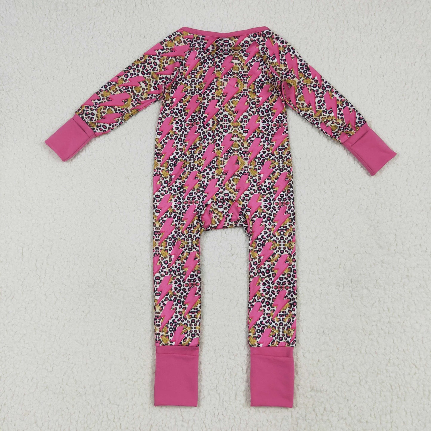 LR2250 Flash Leopard Pink Print Baby Girls Fall Zipper Sleeper Romper