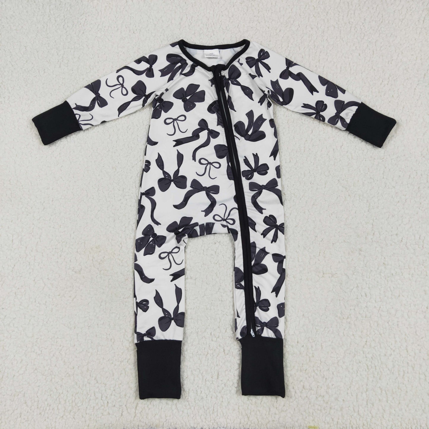 LR2253 Black Bows Print Baby Girls Fall Zipper Sleeper Romper