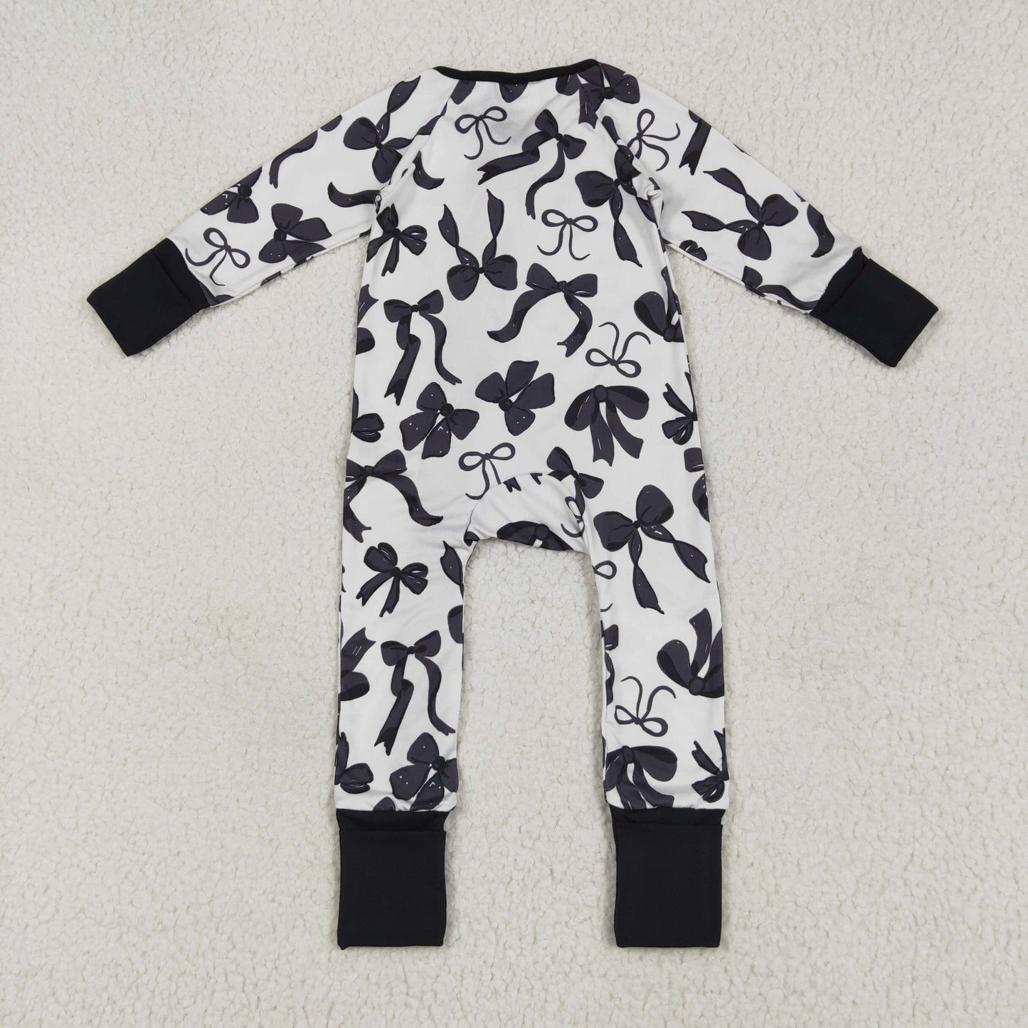 LR2253 Black Bows Print Baby Girls Fall Zipper Sleeper Romper