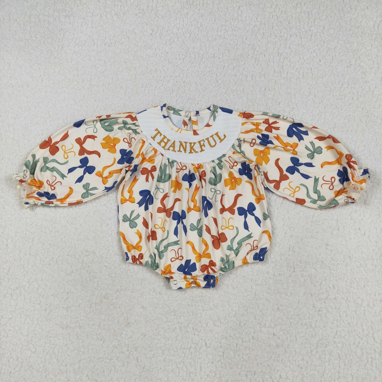 LR2257 Thankful Embroidery Colorful Bows Baby Girls Thanksgiving Smocked Romper