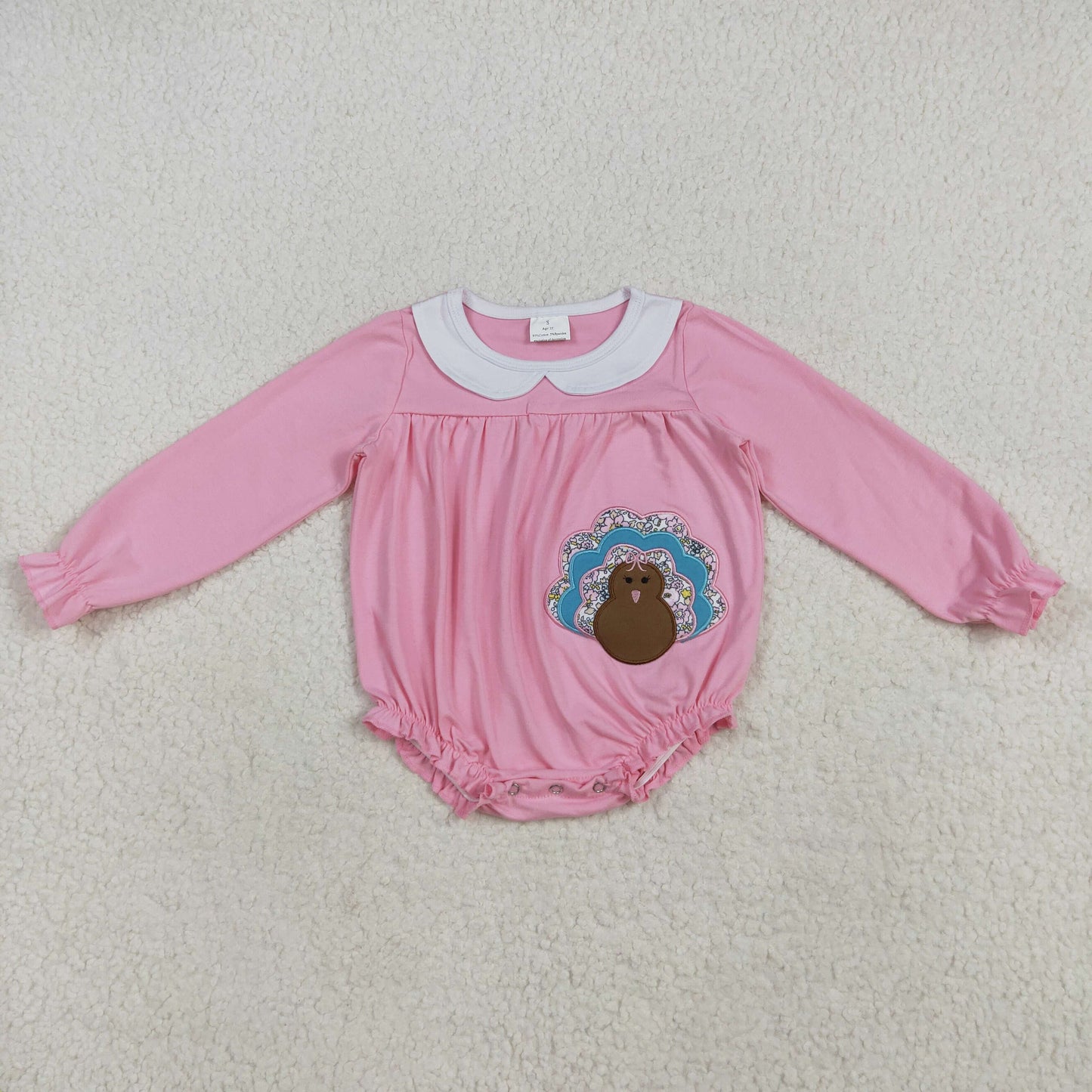 LR2262 Turkey Embroidery Pink Baby Girls Thanksgiving Romper