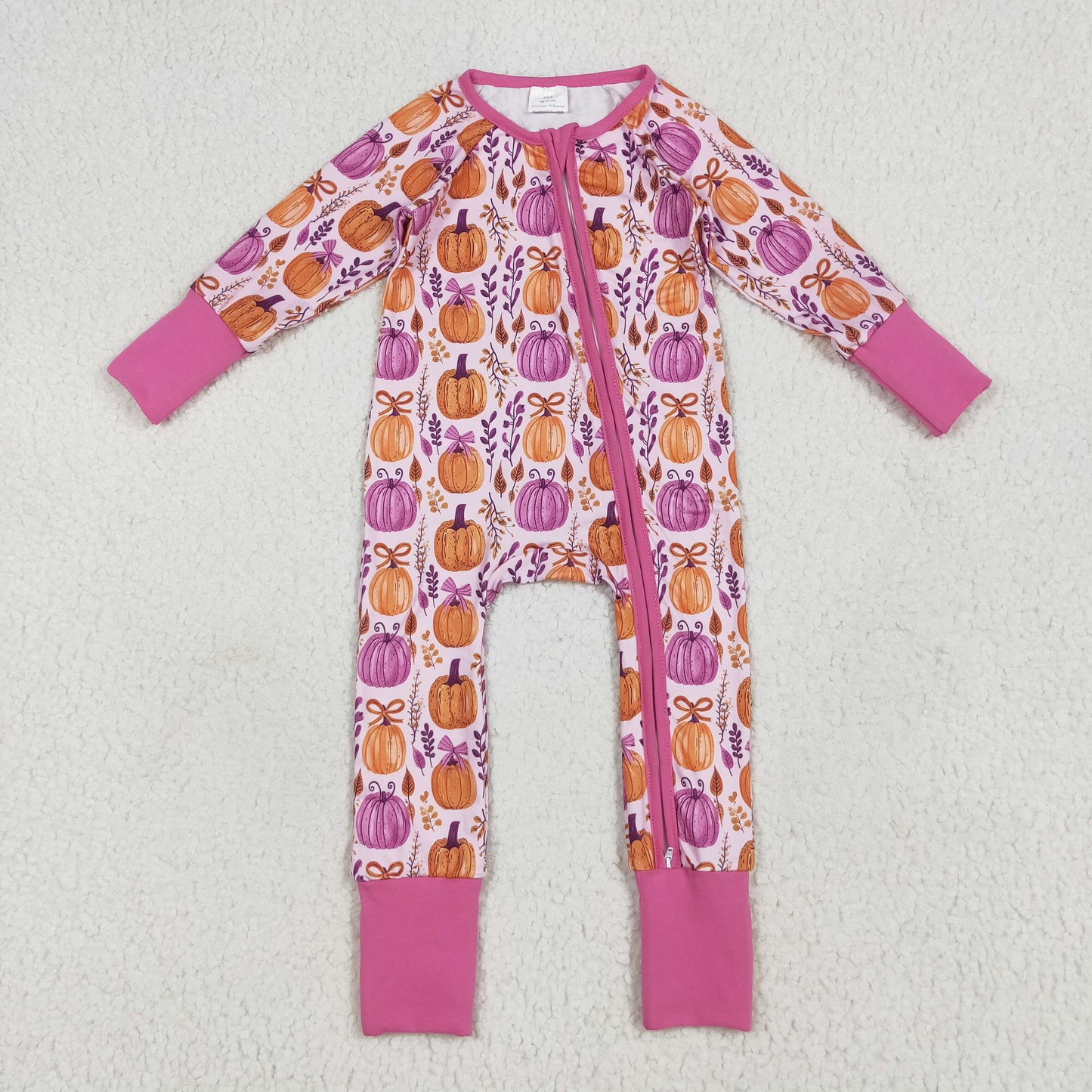 USA-Shop LR2270 Pumpkin Bows Print Baby Girls Fall Zipper Sleeper Romper