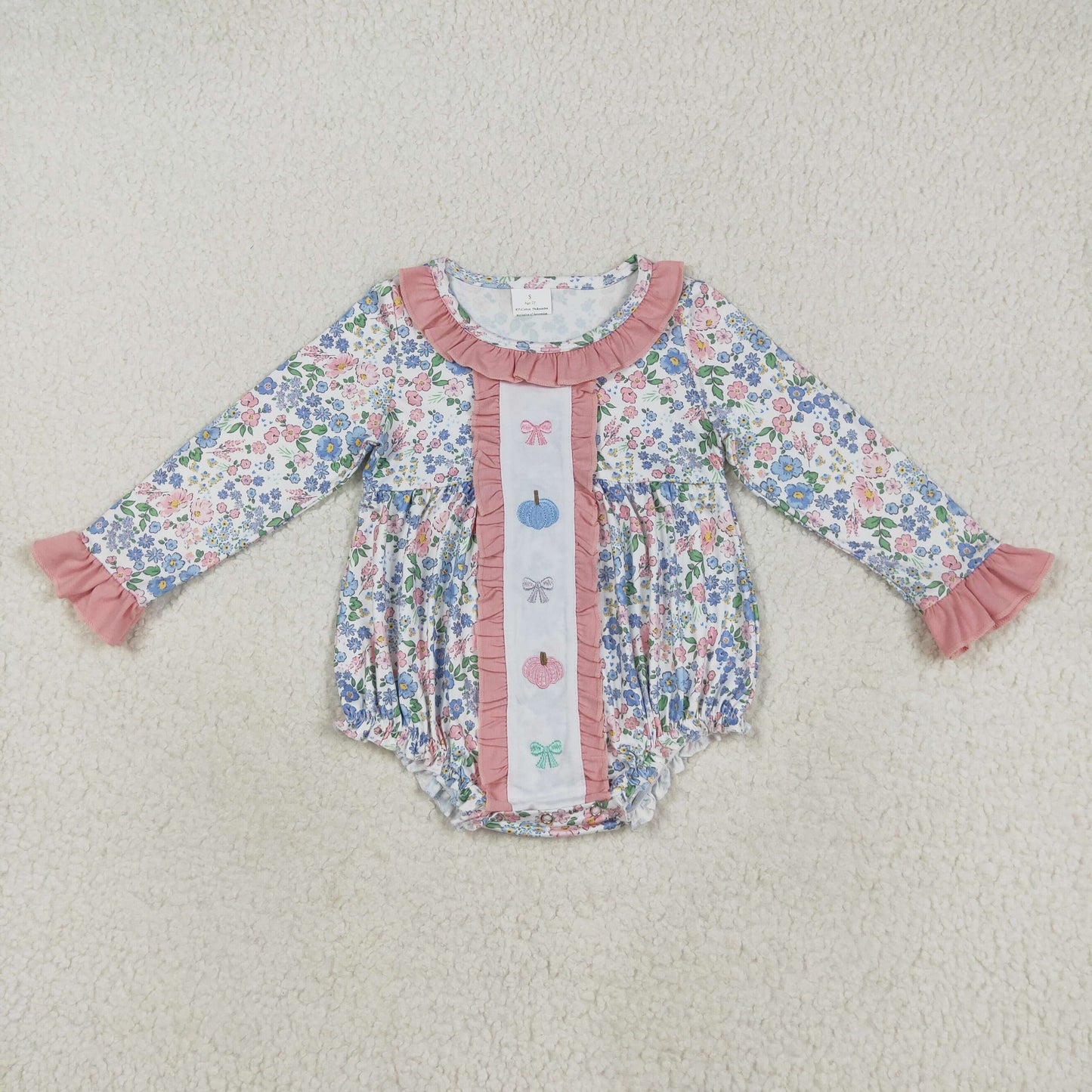 LR2273 Pumpkin Embroidery Flowers Print Baby Girls Fall Romper