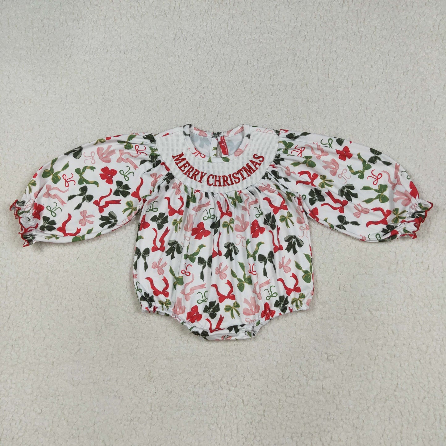 MERRY CHRISTMAS Embroidery Red Green Bows Sisters Smocked Matching Clothes