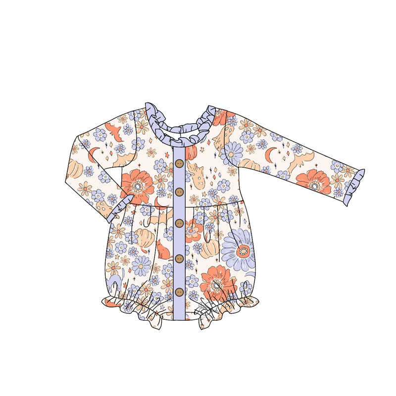 (Pre-order)LR2281 Pumpkin Flowers Print Baby Girls Halloween Romper