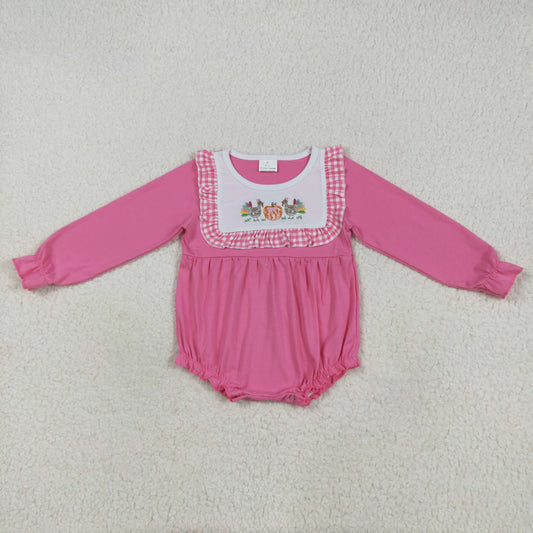 LR2287 Turkey Pumpkin Embroidery Pink Baby Girls Thanksgiving Romper