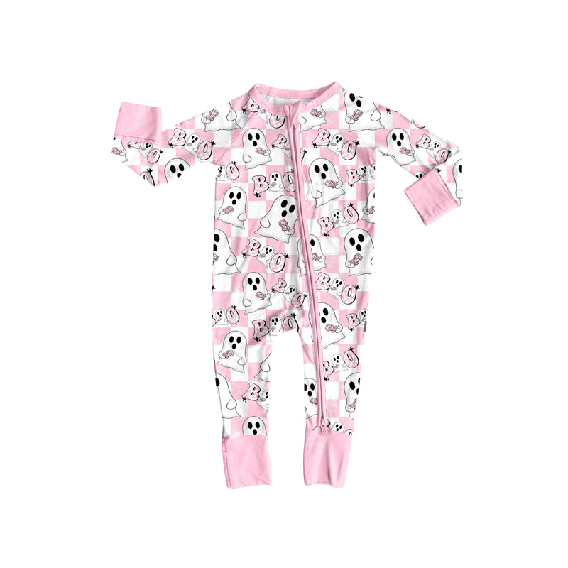 (Pre-order)LR2288 Ghost BOO Plaid Print Baby Girls Halloween Zipper Sleeper Romper