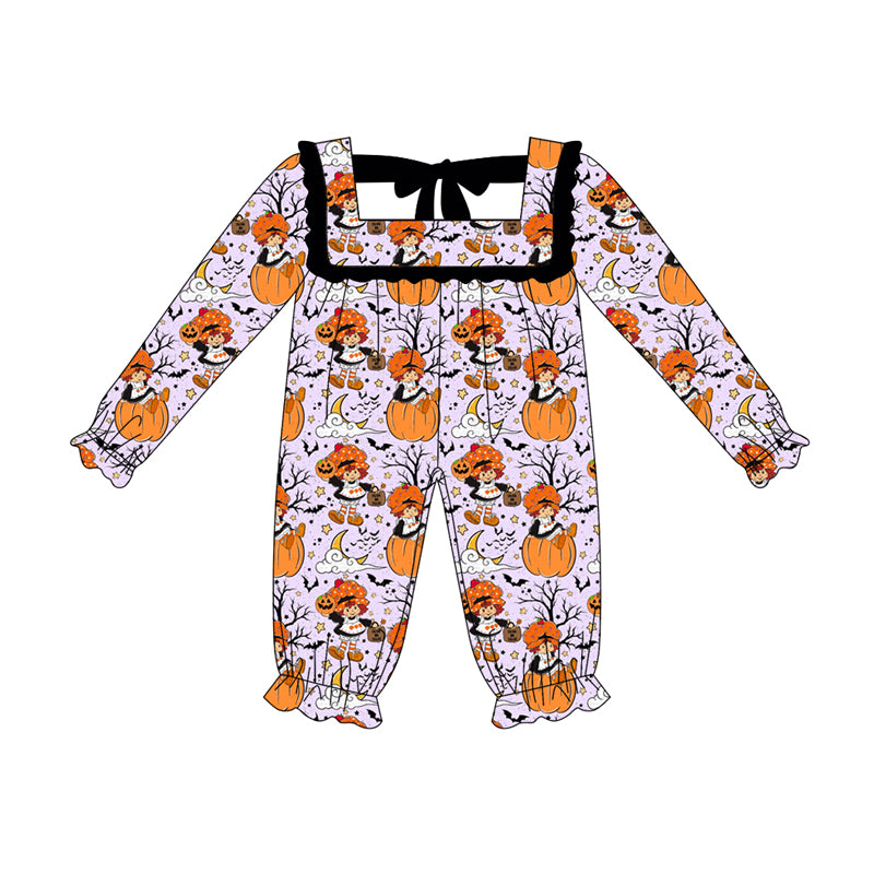 (Pre-order)LR2290 Pumpkin Girl Bat Print Baby Girls Halloween Romper