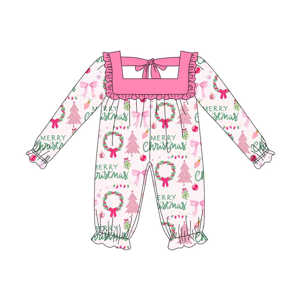 (Pre-order)LR2297 Merry Christmas Holly Bows Print Baby Girls Christmas Romper