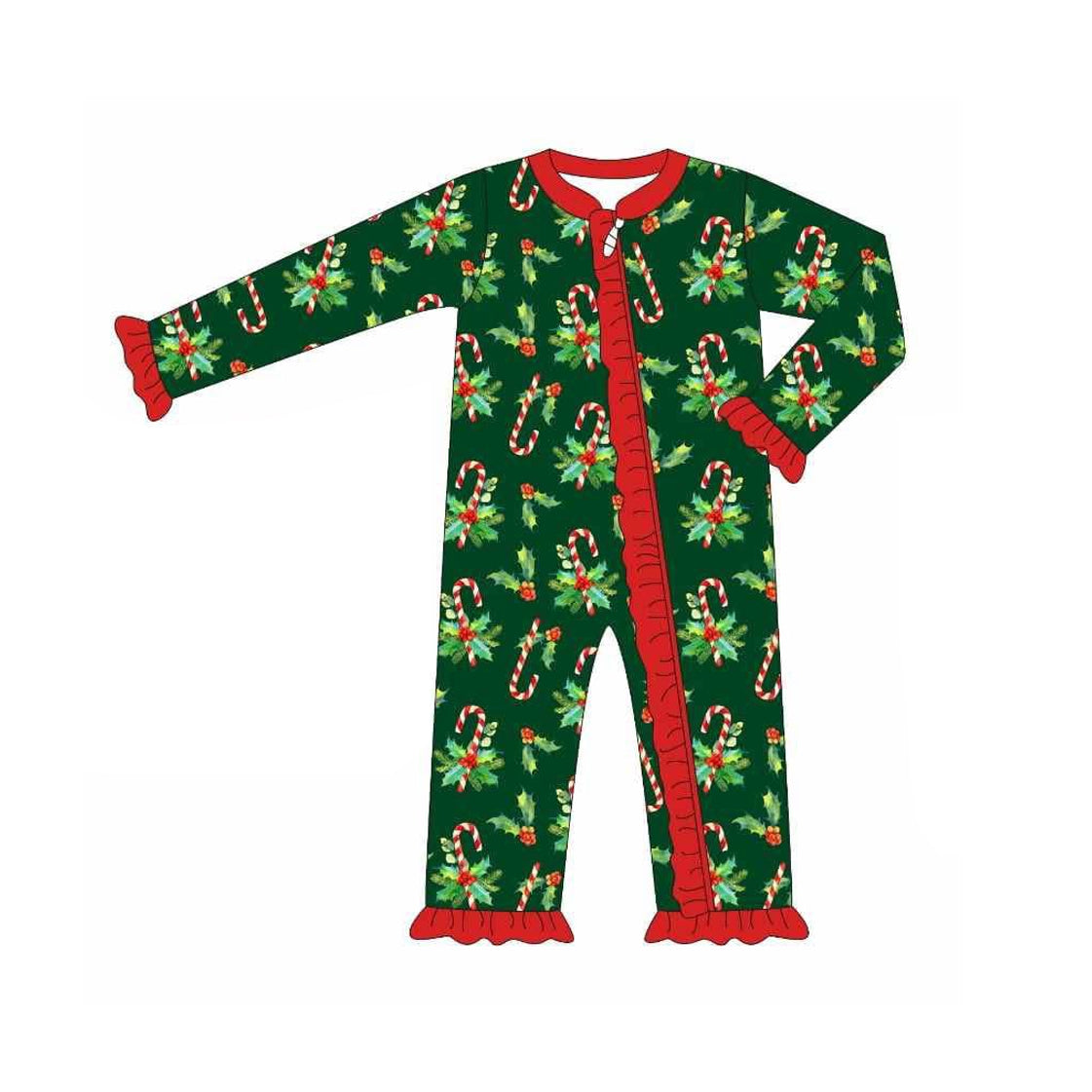 (Pre-order)LR2316 Candy Cane Holly Print Baby Girls Christmas Zipper Sleeper Romper