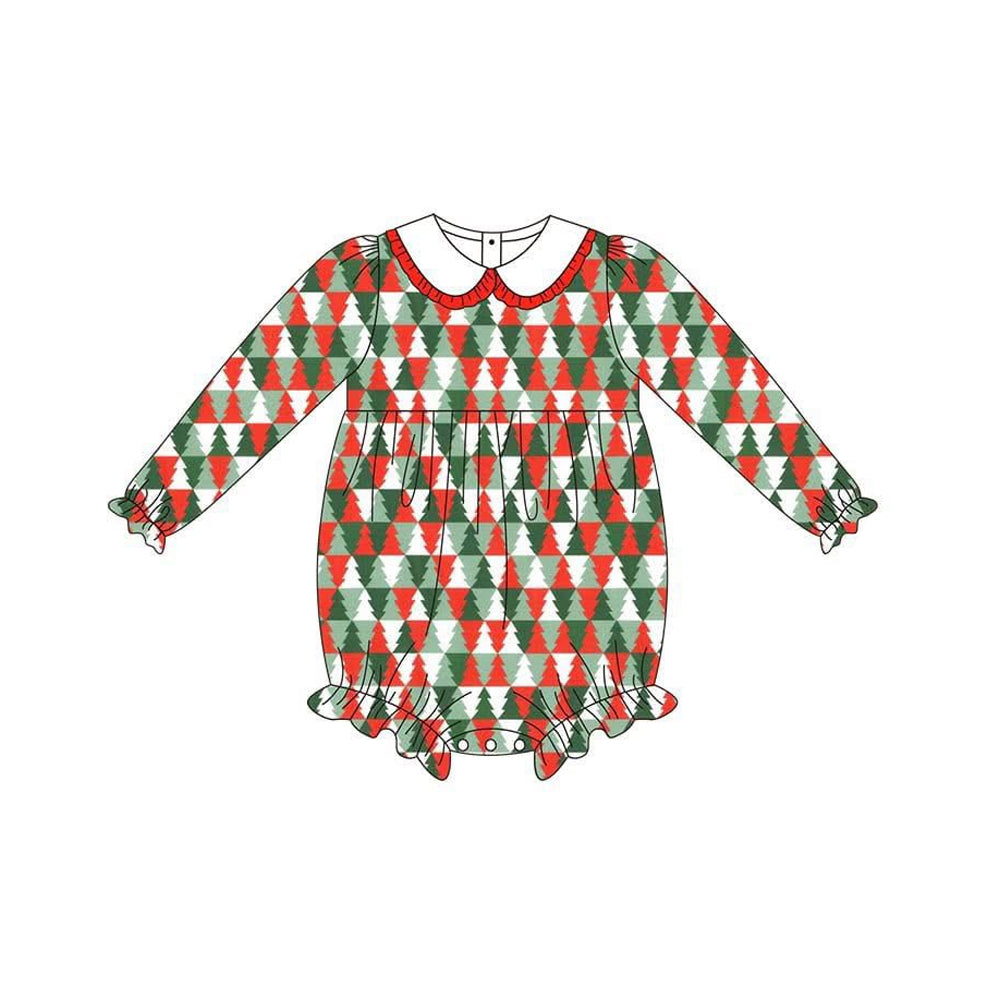(Pre-order)LR2322 Red Green Tree Baby Girls Christmas Romper