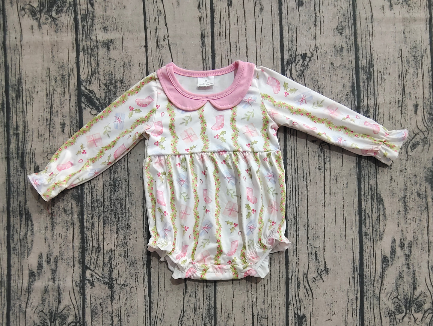 (Pre-order)LR2324 Holly Bows Baby Girls Christmas Romper