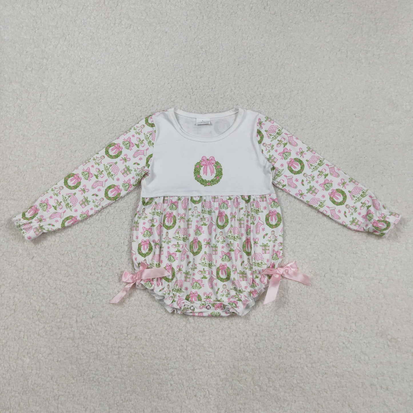 LR2325 Holly Bows House Print Baby Girls Christmas Romper