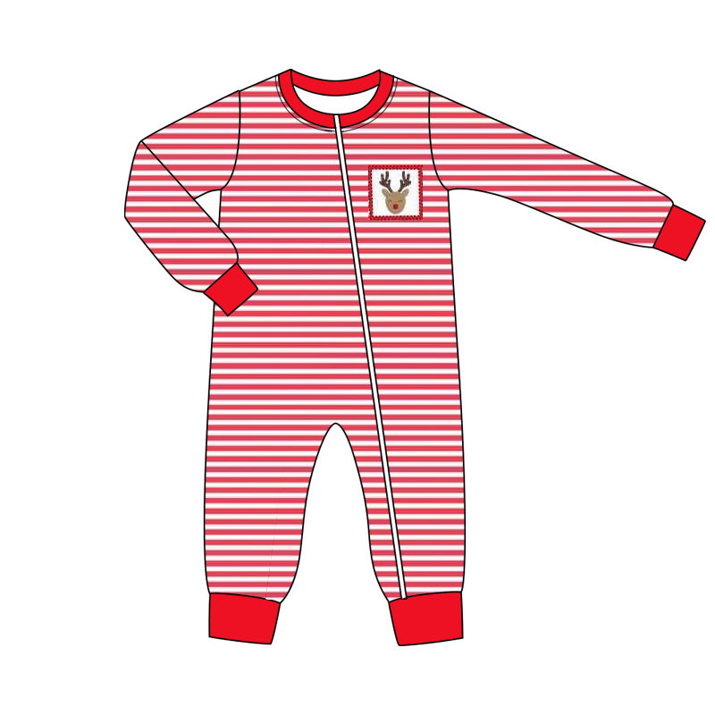 (Pre-order)LR2330 Deer Red Stripes Baby Boys Christmas Zipper Sleeper Romper