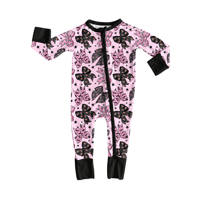 (Pre-order)LR2345 Candy Bows Print Baby Girls Halloween Zipper Sleeper Romper