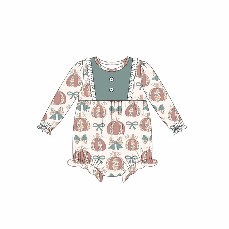 (Pre-order)LR2346 Pumpkin Bows Baby Girls Fall Romper