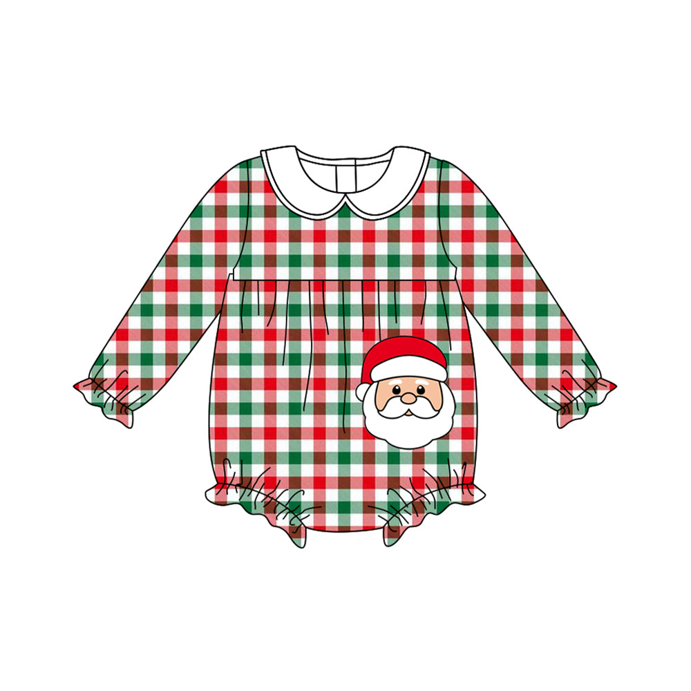 (Pre-order)LR2357 Santa Plaid Print Baby Girls Christmas Romper