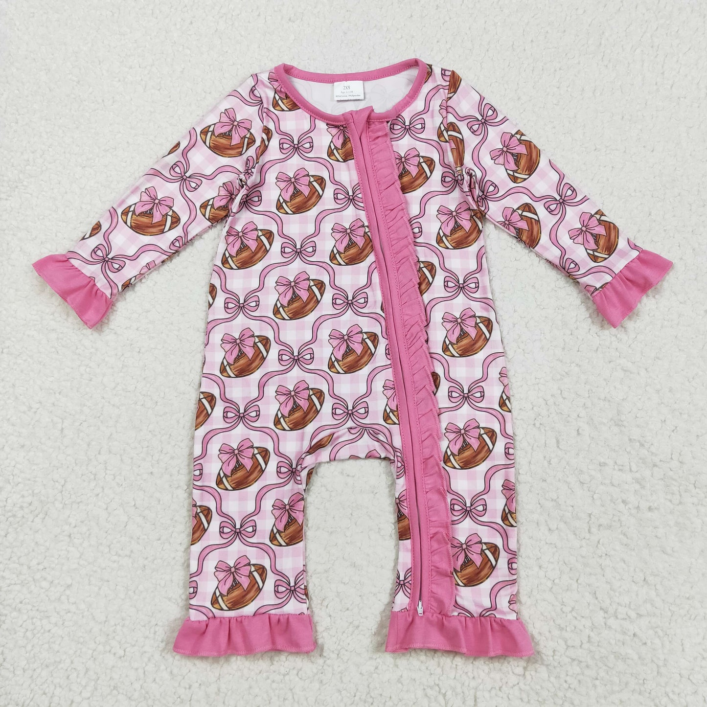 LR2361 Football Bows Print Baby Girls Fall Zipper Sleeper Romper