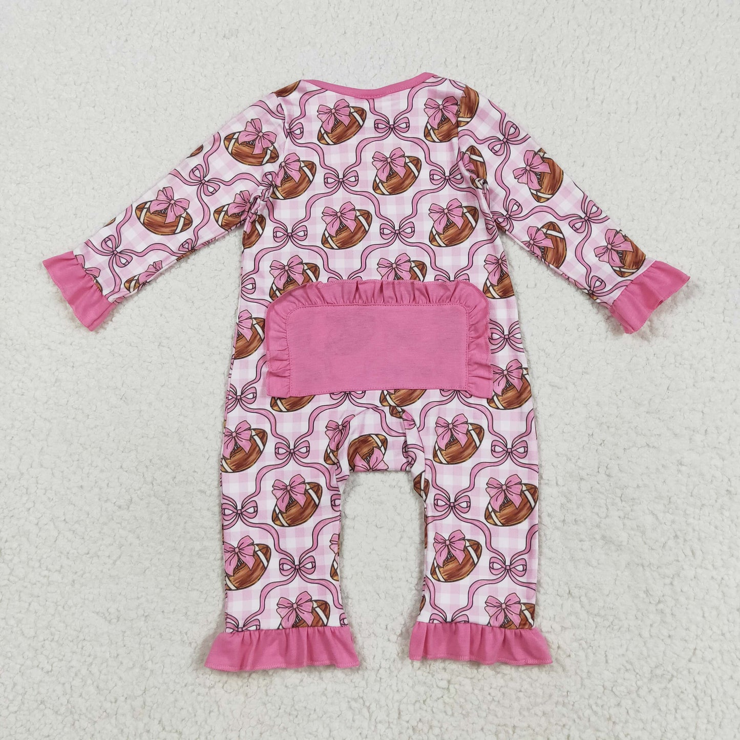 LR2361 Football Bows Print Baby Girls Fall Zipper Sleeper Romper