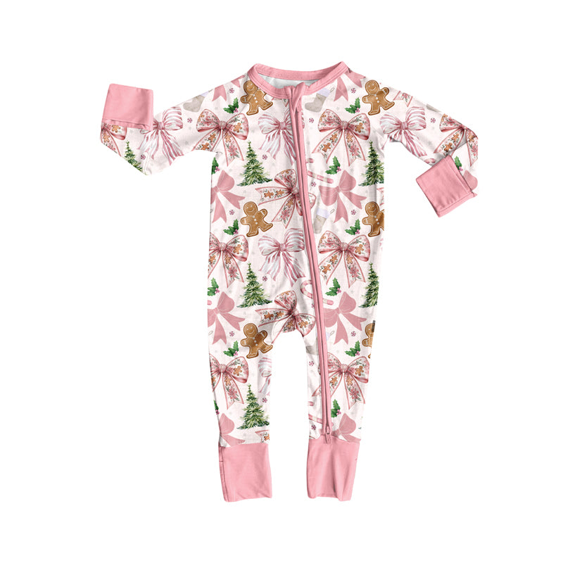 (Pre-order)LR2368 Gingerbread Bows Print Baby Girls Christmas Zipper Sleeper Romper
