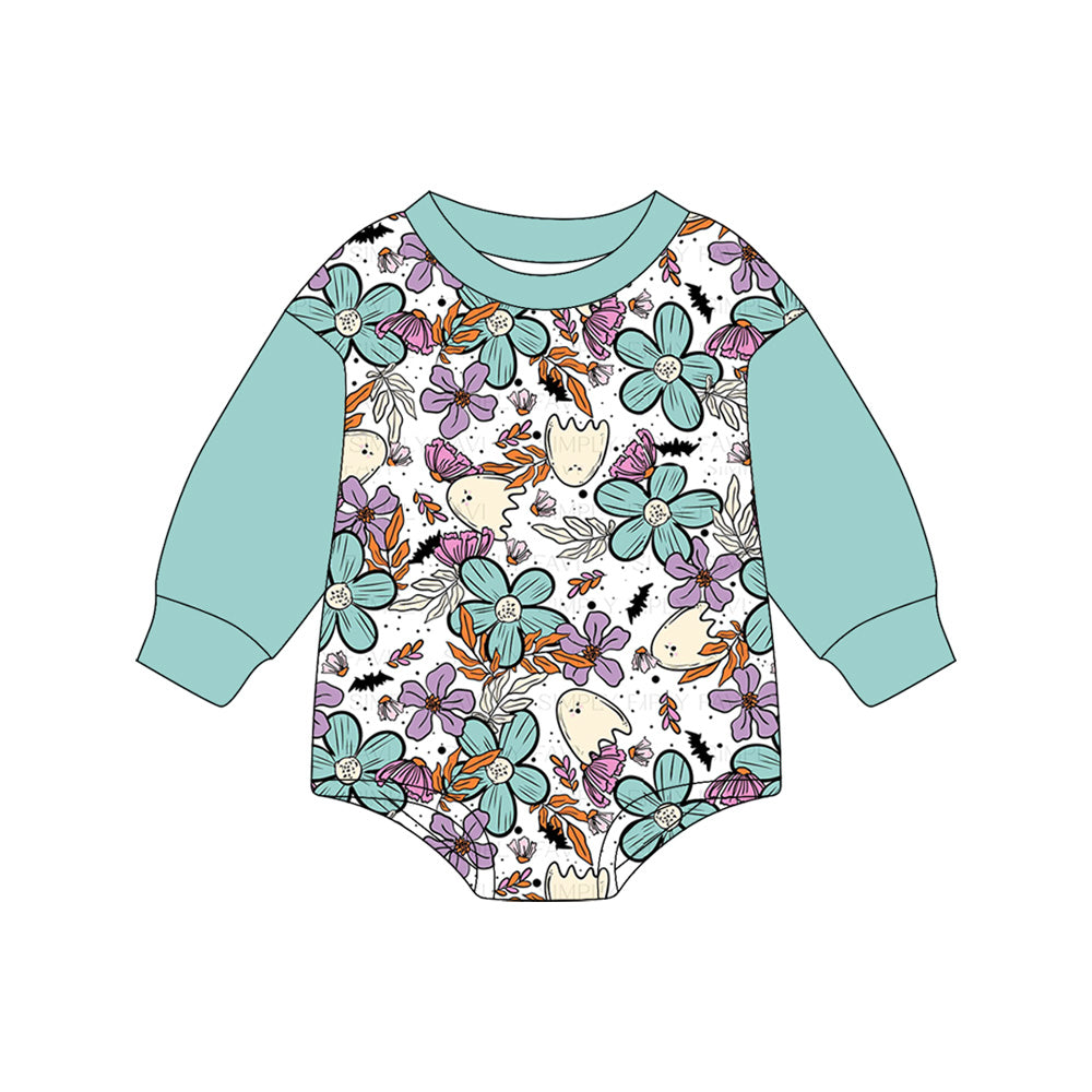 (Pre-order)LR2371 Ghost Flowers Bat Print Baby Girls Halloween Romper
