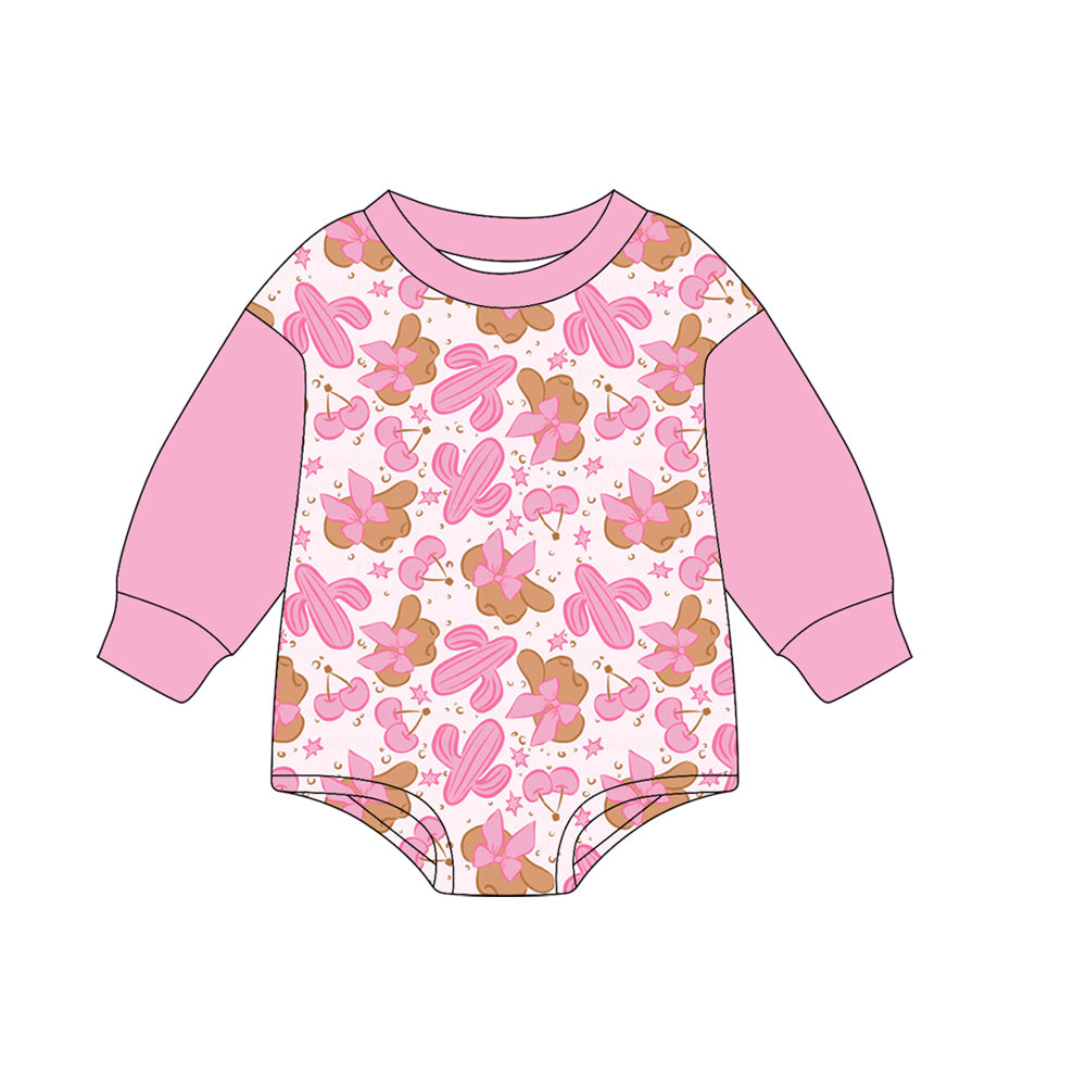 (Pre-order)LR2372 Cherry Hat Cactus Pink Bows Print Baby Girls Western Romper