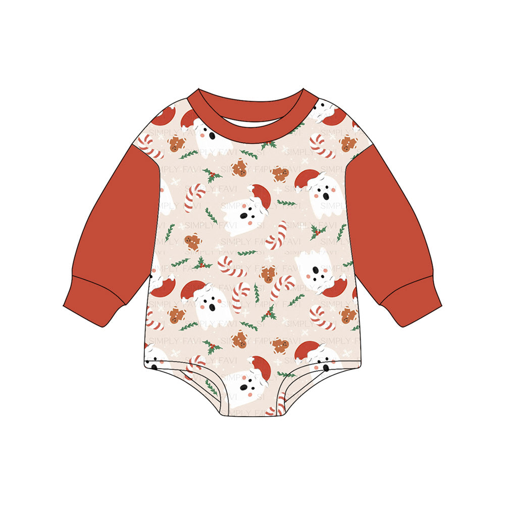 (Pre-order)LR2374 Gingerbread Holly Candy Cane Print Baby Christmas Romper