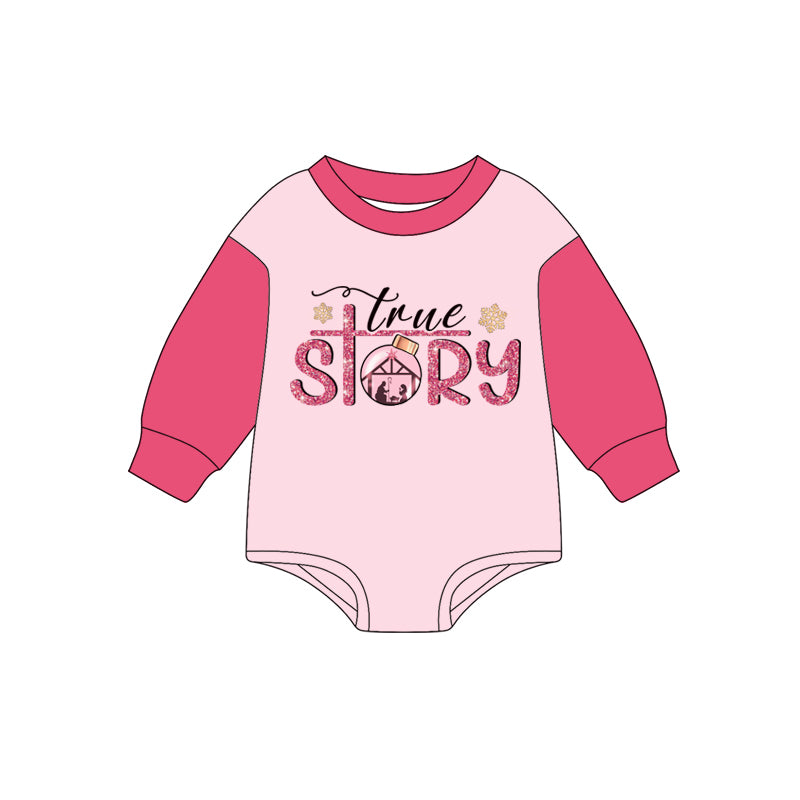 (Pre-order)LR2381 True Story Nativity Print Baby Girls Christmas Romper