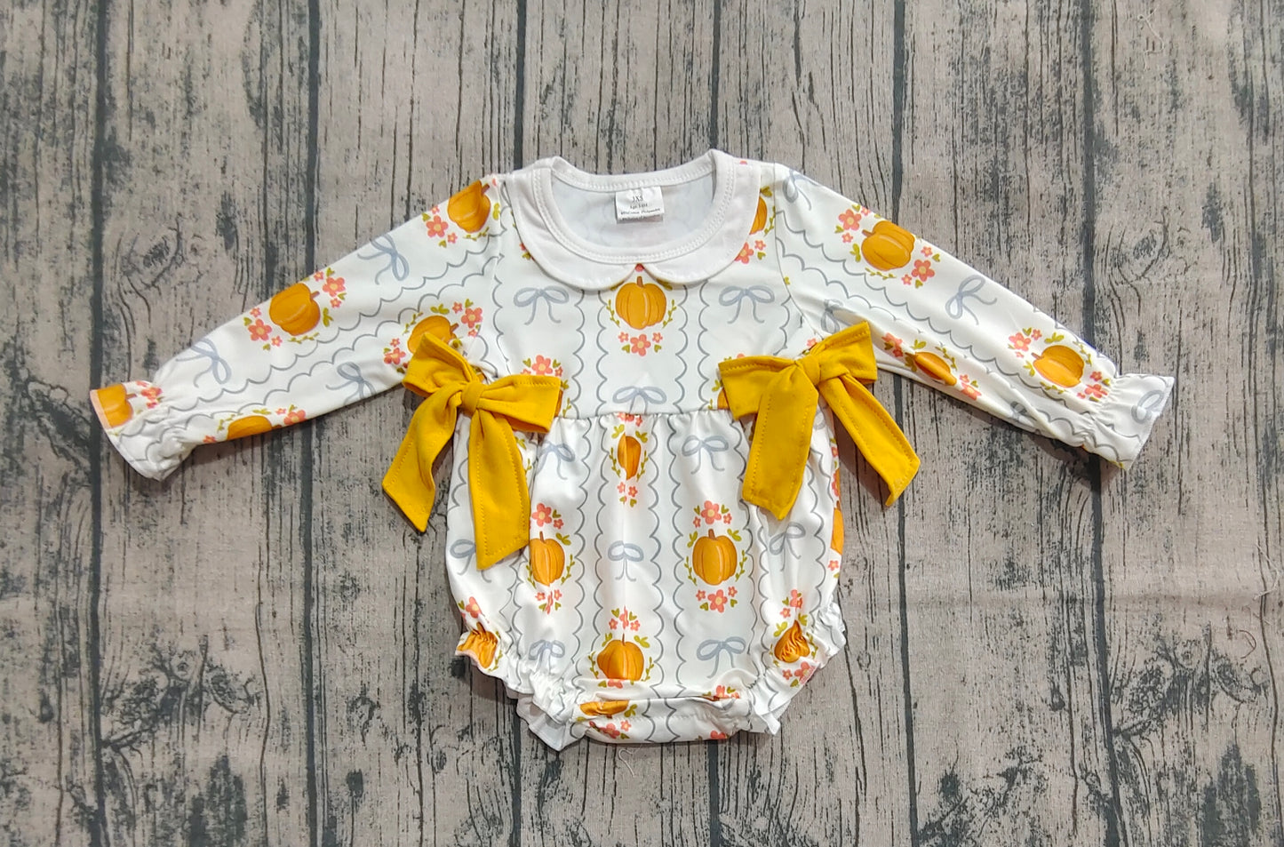 (Pre-order)LR2389 Pumpkin Flowers Bows Print Baby Girls Fall Bubble Romper