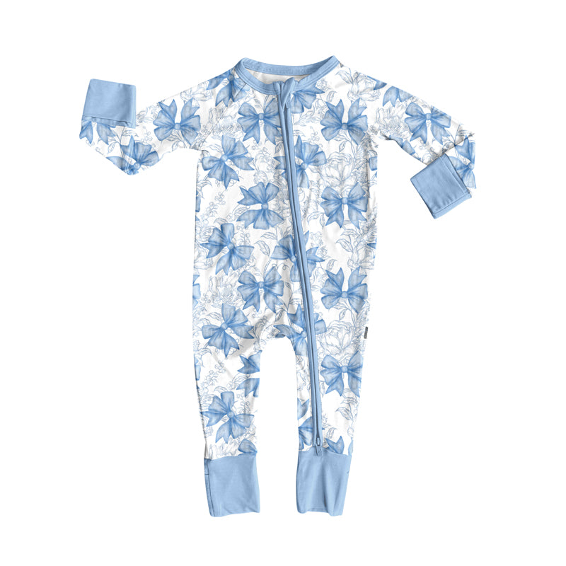 (Pre-order)LR2402 Blue Bows Print Baby Girls Zipper Sleeper Romper