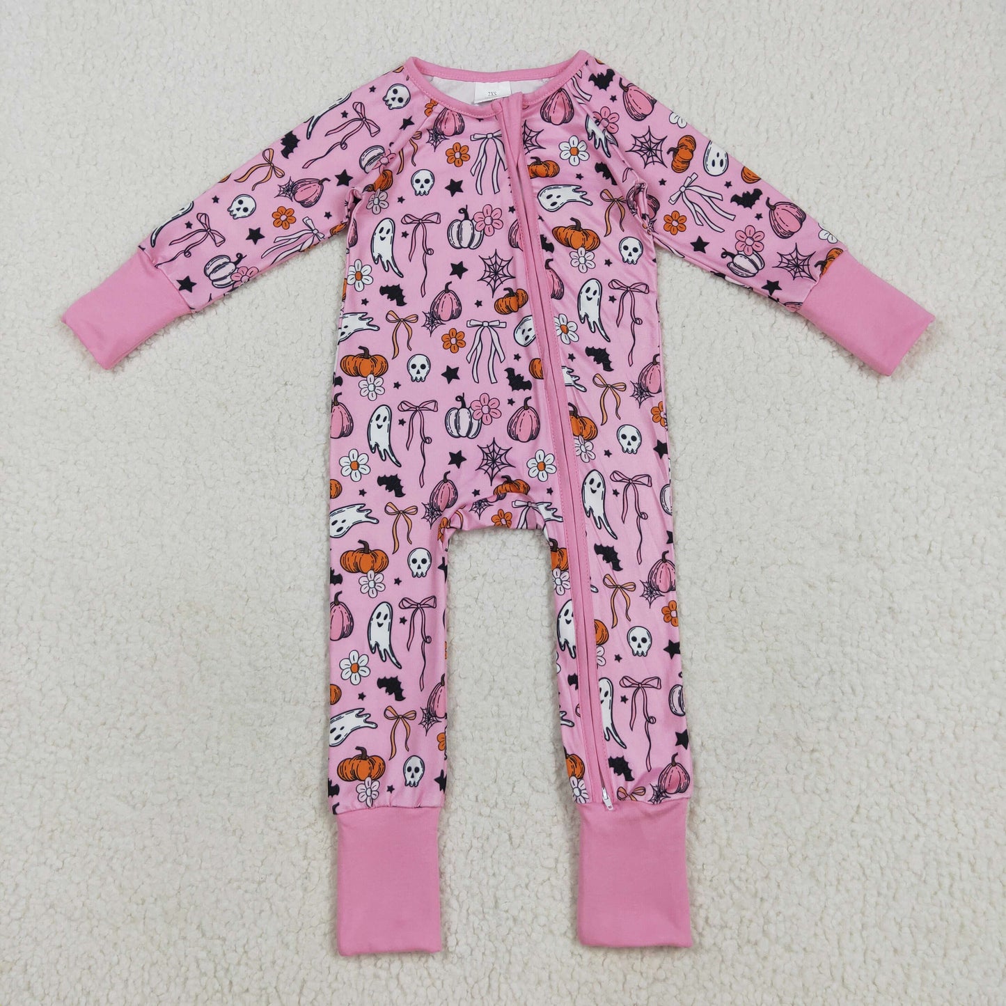 LR2405 Spooky Pumpkin Bows Pink Print Baby Girls Halloween Zipper Sleeper Romper