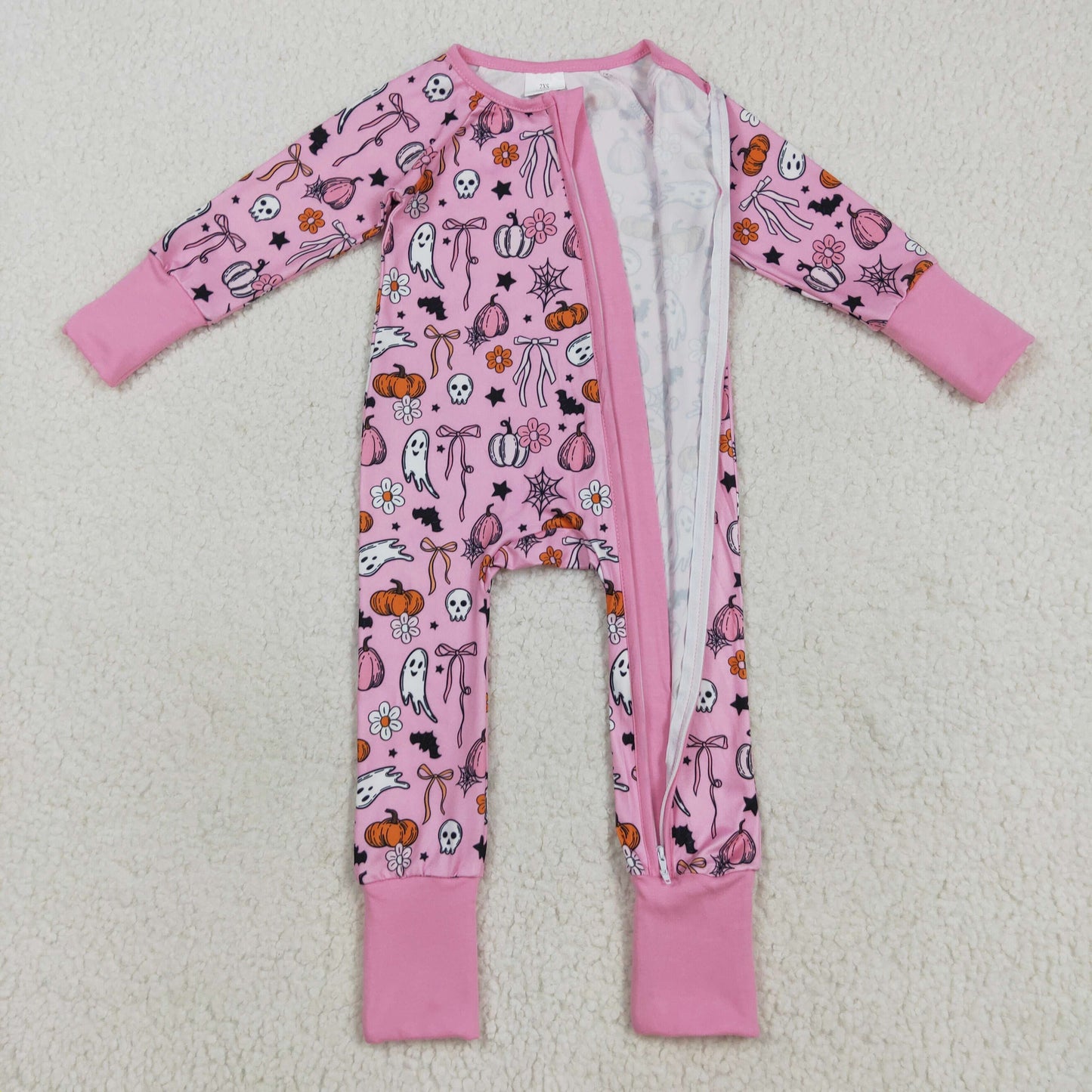 LR2405 Spooky Pumpkin Bows Pink Print Baby Girls Halloween Zipper Sleeper Romper