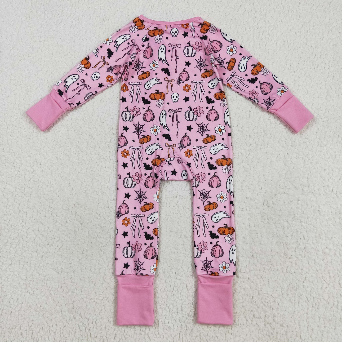 LR2405 Spooky Pumpkin Bows Pink Print Baby Girls Halloween Zipper Sleeper Romper