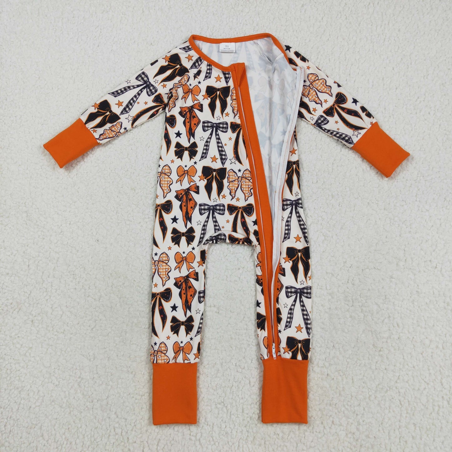 LR2409 Orange Bows Print Baby Girls Halloween Zipper Sleeper Romper