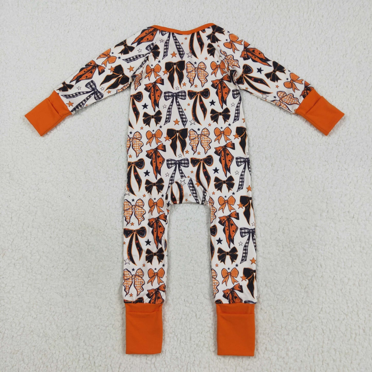LR2409 Orange Bows Print Baby Girls Halloween Zipper Sleeper Romper