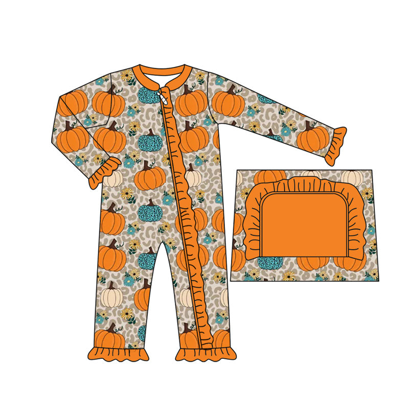 (Pre-order)LR2413 Pumpkin Flowers Print Baby Girls Fall Zipper Sleeper Romper