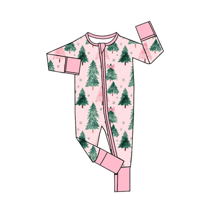 (Pre-order)LR2415 Tree Pink Print Baby Girls Christmas Zipper Sleeper Romper
