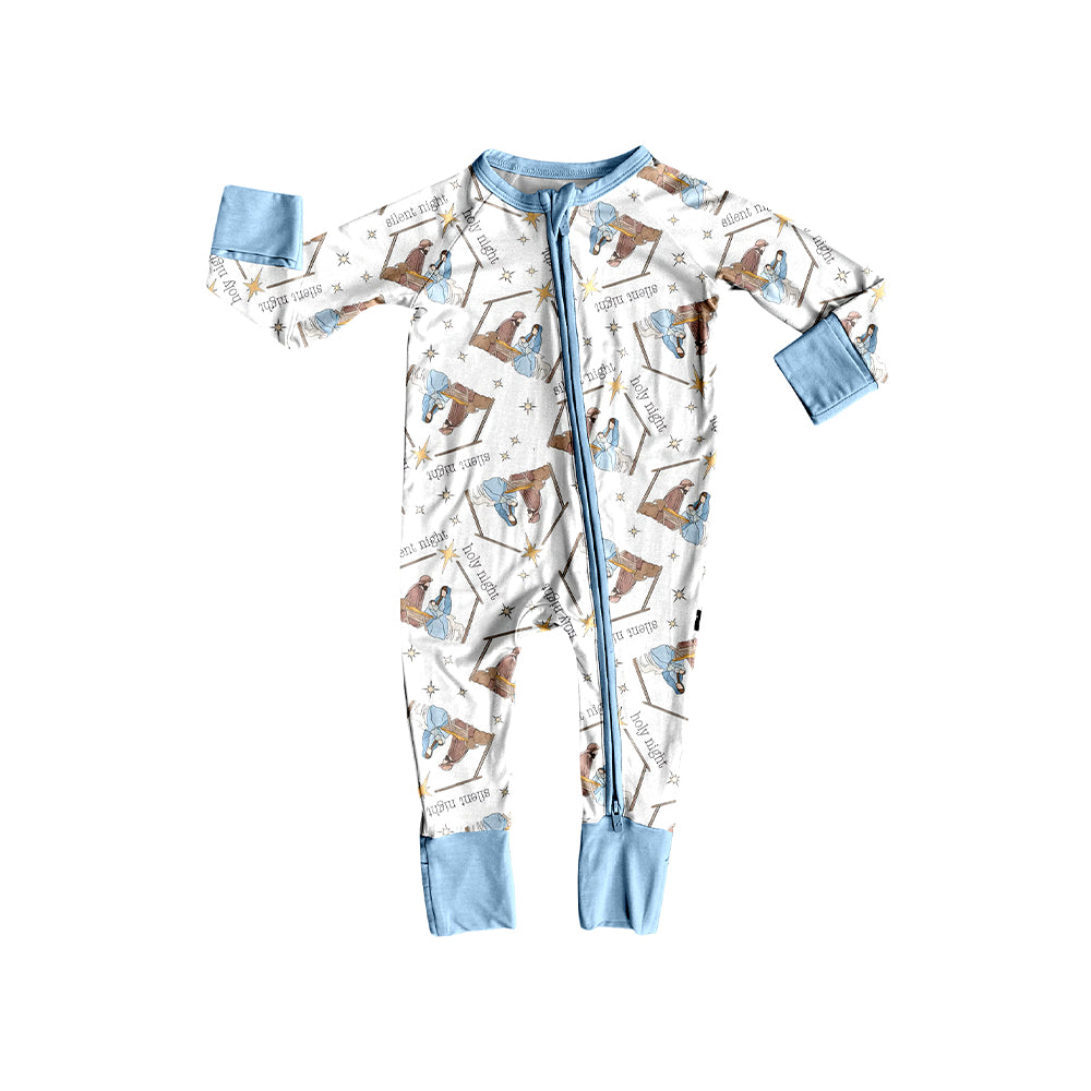 (Pre-order)LR2419 Nativity Blue Print Baby Christmas Zipper Sleeper Romper