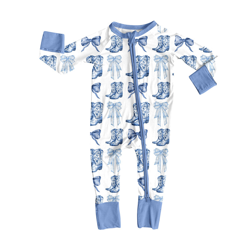(Pre-order)LR2420 Bows Boots Blue Print Baby Girls Western Zipper Sleeper Romper