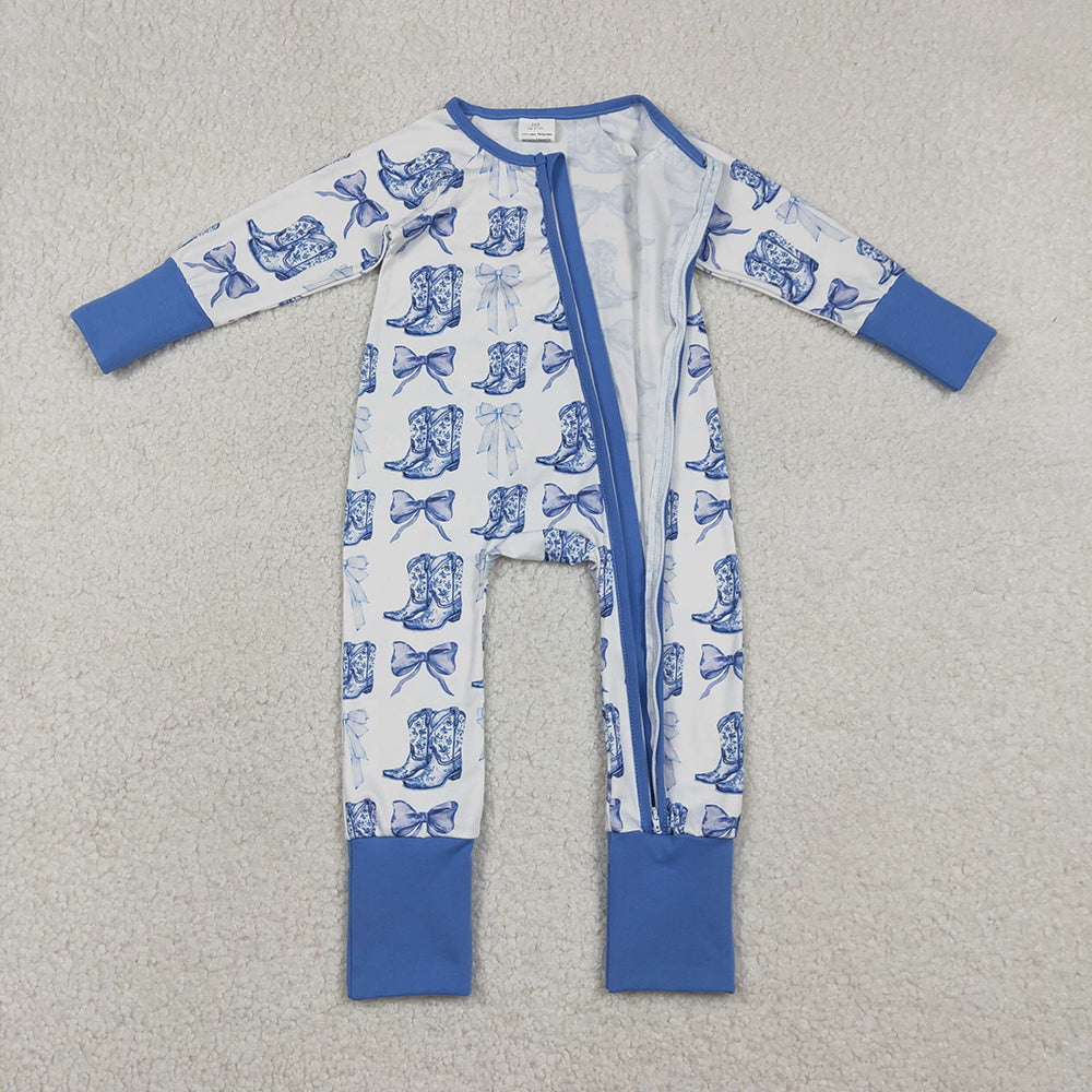 Bows Boots Blue Print Girls Western Pajamas Clothes Sisters Matching Wear
