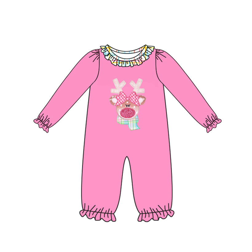 (Pre-order)LR2426 Deer Pink Print Baby Girls Christmas Romper